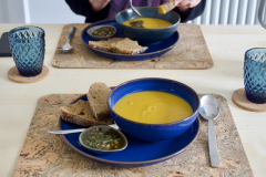 Roast carrot and sage soup, walnut and herb dressing, rye sourdough