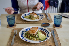 Salmon, bulgur salad, jerk sauce