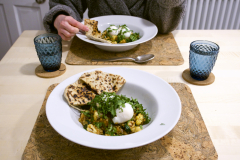 Spinach and gobi bhaji, daal, eggs, peshwari naan