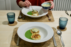 Salmon fishcakes, pea soup, chive tartare sauce