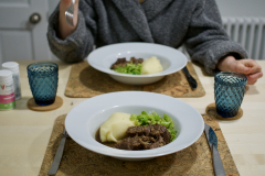 Braised organic beef, mashed potato, cabbage with nutmeg