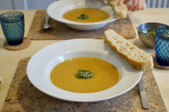 Roast butternut squash soup, walnut pesto and foccacia